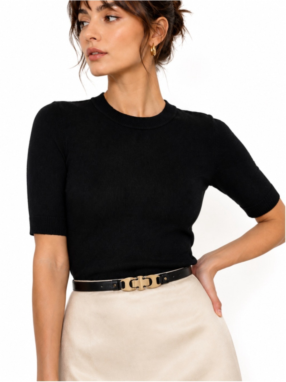 Women's Vintage 70s / 80s Leather Belt Black Gold Buckle Detail Fits 23-32” XS-M